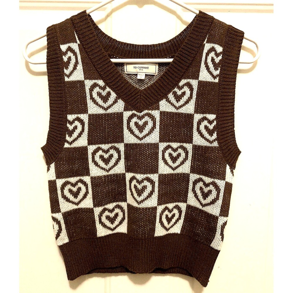 no comment Sweater Vest Womens Juniors Small Brown White V Neck Heart Check‎